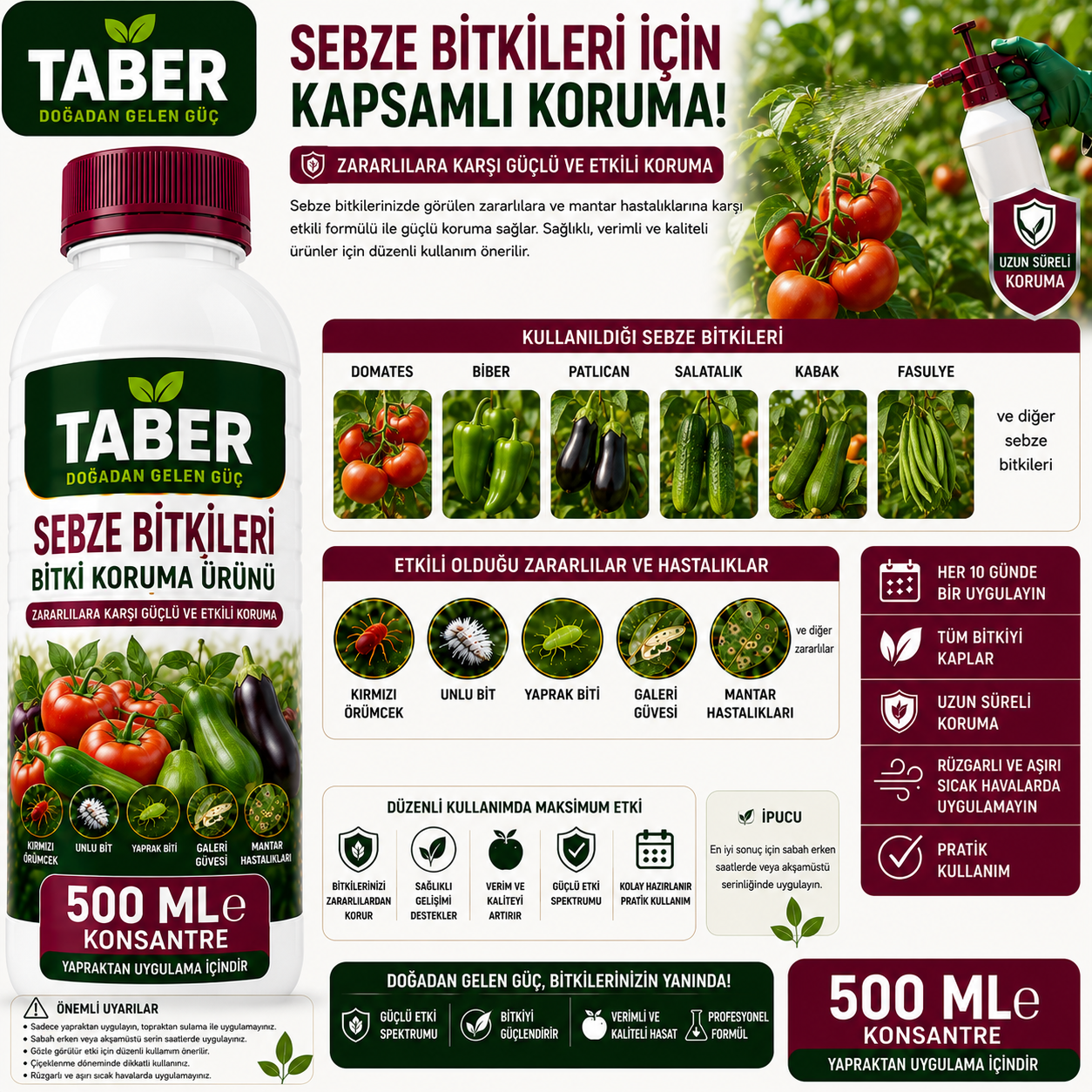 TABER Sebze Bitki Bakım Ürünü 500 ML Konsantre | Sebzeler İçin Yapraktan Uygulama