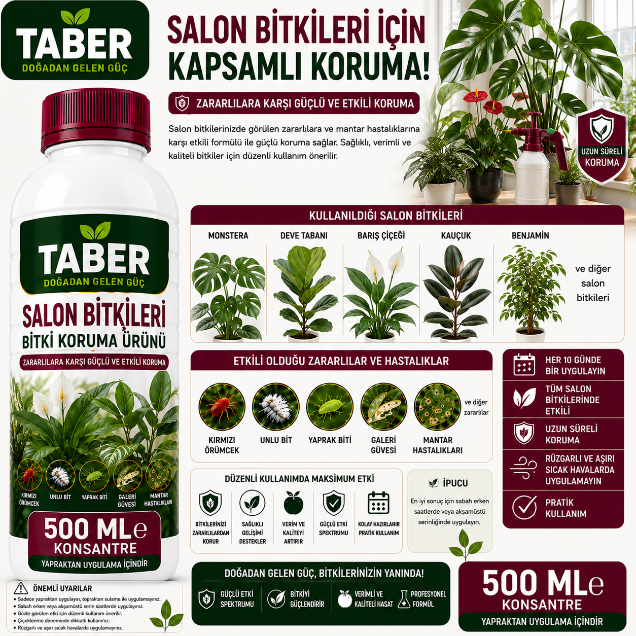 TABER Salon Bitkileri Bitki Bakım Ürünü 500 ML Konsantre | İç Mekân Bitkileri İçin Yapraktan Uygulama
