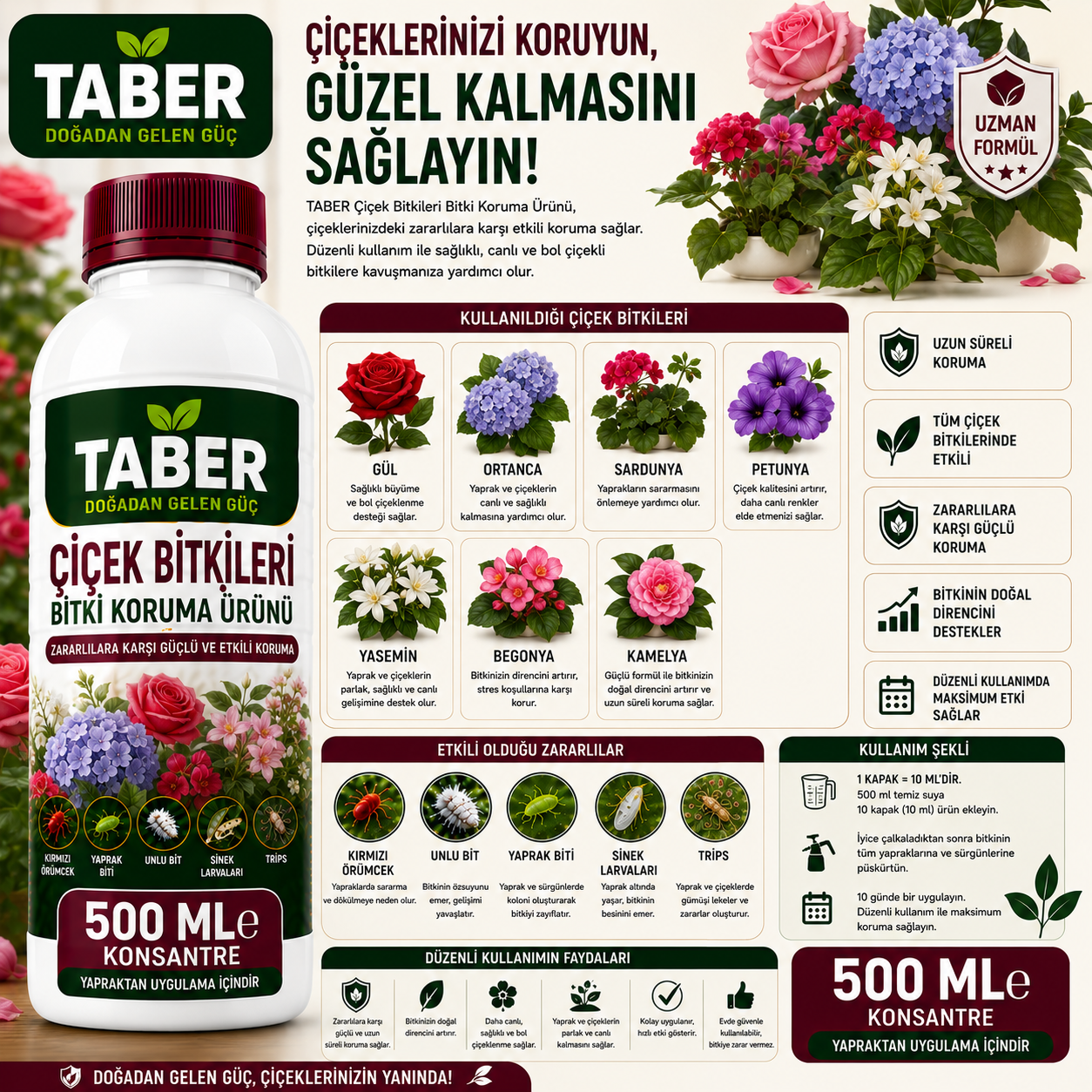 TABER Çiçek Bitki Bakım Ürünü 500 ML Konsantre | Çiçekler İçin Yapraktan Uygulama