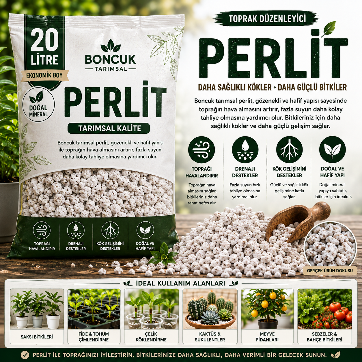 Boncuk Tarımsal Perlit 20 Litre – Toprak Havalandırıcı ve Drenaj Perliti